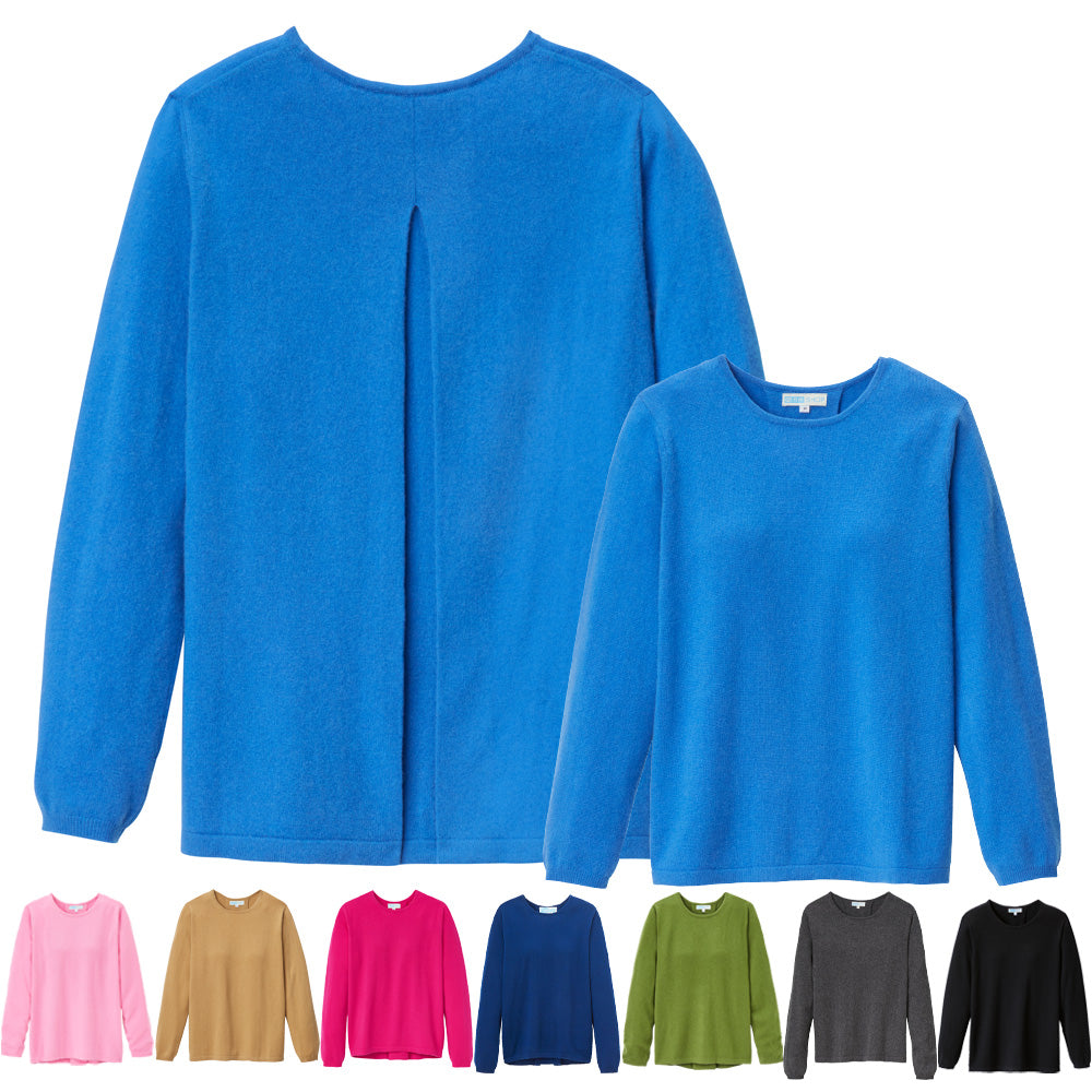 Kaschmirpullover in royalblau. Rückansicht mit Rückenfalte und kleinere Vorderansicht. Darunter die anderen Farben als kleine Pullover.