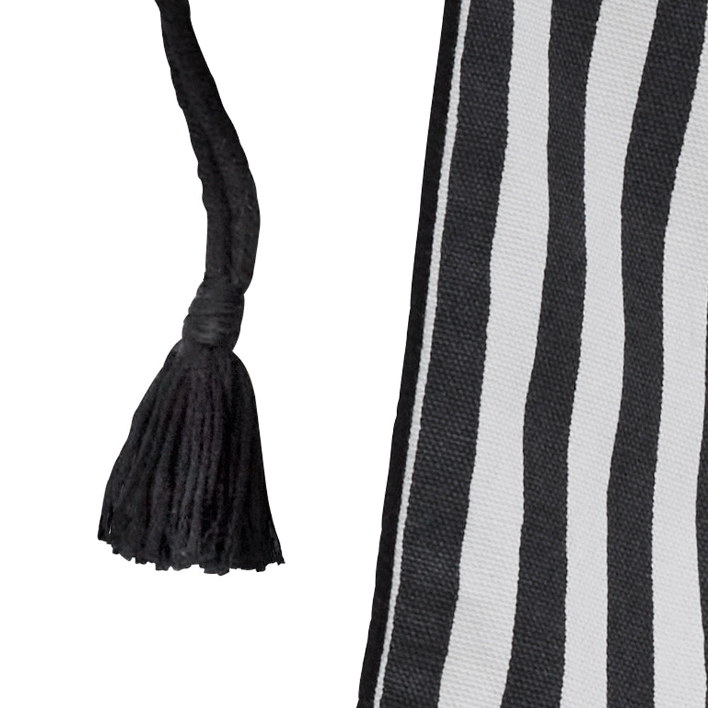 Close-up view of black tassel.