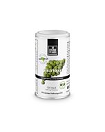 weiße Dose mit Aufschrift und Deckel, mittig ein Foto von Moringa Presslingen