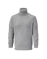 Grauer Rollkragenpullover in Rippenstrick. Die Bündchen sind etwas breiter gerippt.
