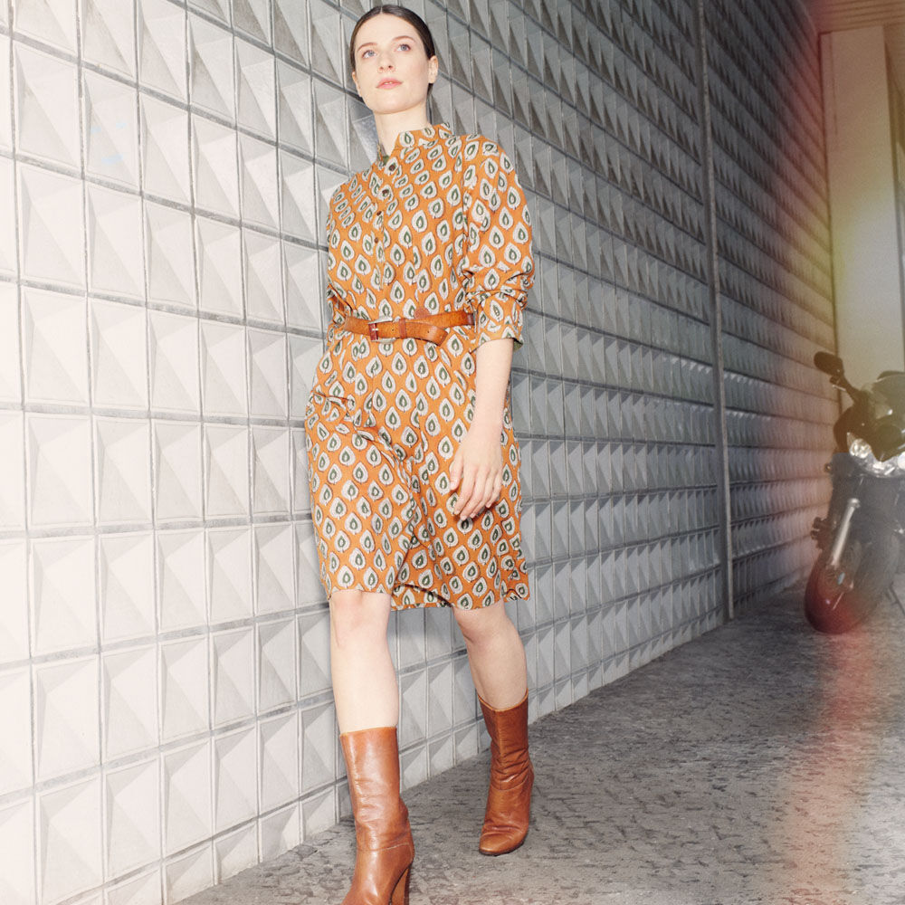 Tunikakleid, mit Blätterprint, Cognac-3