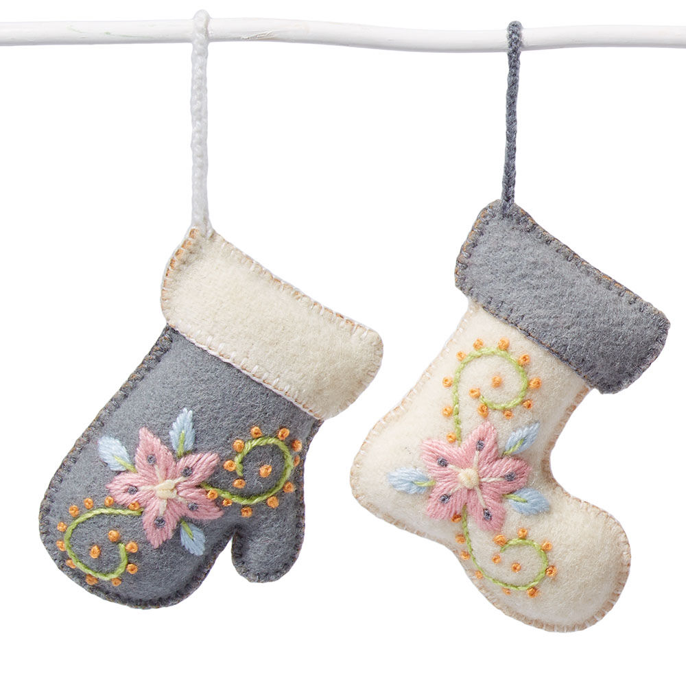 Deko-Anhänger Handschuh, bestickt, grau/weiß, Wolle-1