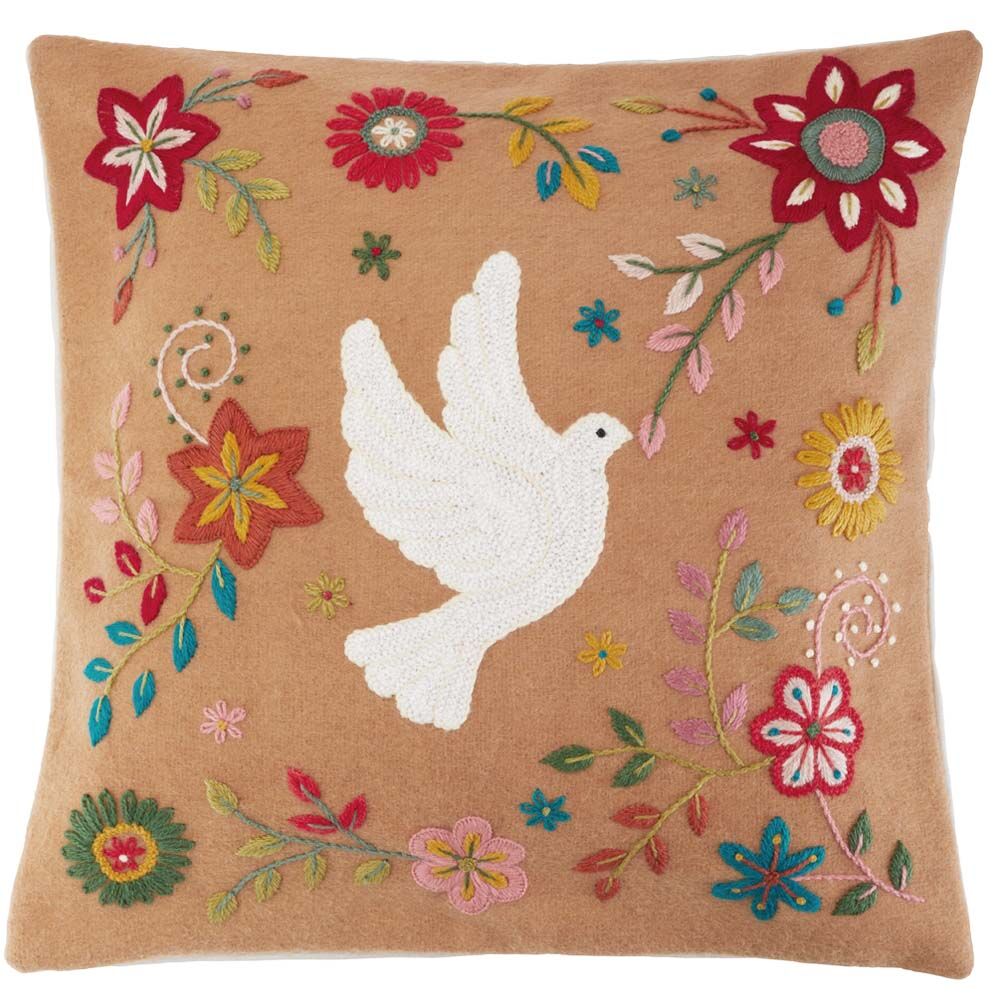 Kissenhülle mit Stickerei Taube und Blumen-0