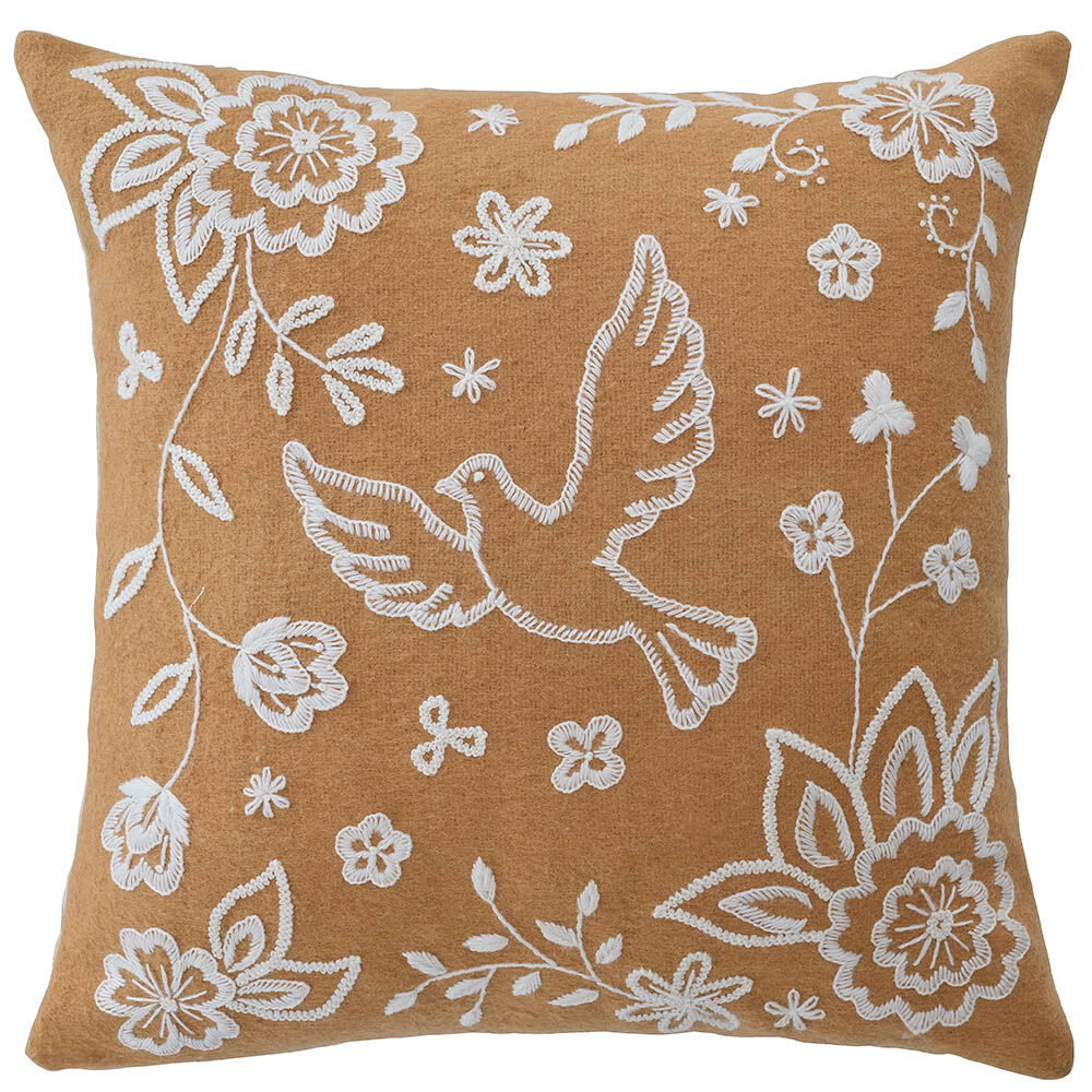 Kissenhülle mit Stickerei Taube und Blumen, weiß-0