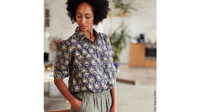Bluse mit Print, reine Baumwolle, indigo gefärbt
