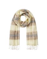 Gelber Leinenschal, drapiert gelegt mit Streifenmuster in beige, ecru und anthrazit.