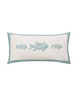 40x80 cm weißes Kissen mit türkisfarbenem Rand und drei türkise gedruckte Fische mittig