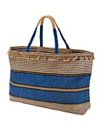 Große Jute - Tasche mit Querstreifen Muster in natur, blau und schwarz.  Die Henkel sind zweifarbig, oben natur und in blau.  Am Tascheneingriff ist eine dekorative Fransenkante.