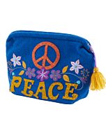 Blaue Tasche, mit bunter Stickerei aus Blumen und Peace-Zeichen. Oben mit Reißverschluss, am Reißverschluss hängt ein gelber Troddel.
