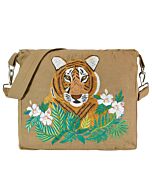 Tasche mit Gurt und einem gestickten Tigerkopfmotiv der sich hinter gestickten exotischen Blumen befindet