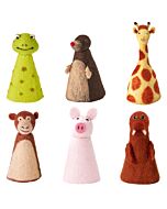 Sechs verschiedene Eierwärmervarianten: Frosch, Maulwurf, Giraffe, Affe, Schwein und Walross