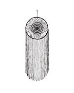 Reifen mit geknüpftem Netz in unterschiedlichen Mustern. Nach unten hängen Länge Sisalschnüre. 