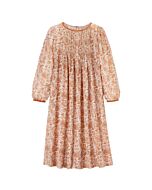 Kleid mit langen Ärmeln, Puffärmeln und gesteppten Biesen vorne. Die Saumeinfassungen sind in uni rot.