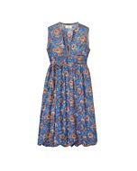 ärmelloses blaues Wickelkleid mit braunem Blumenprint und Bindegürrtel