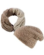 braun-beiger Boucle Rundhalsschal und beige Boucle Mütze im Beanie Style