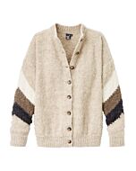 Hellbraune Strickjacke mit weißem, dunkel- und hellbraunem Zick-Zack-Muster an den Ärmeln.