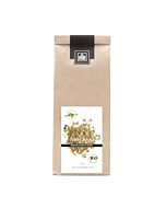 braune Teetüte mit Etikett, welches Moringa Blüten zeigt