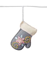 grauer Deko Wollanhänger Handschuh mit bunter Blumenstickerei und weißem Rand