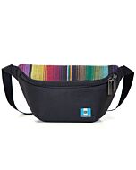 geschlossene schwarze Bauchtasche mit bunt gestreiftem Oberteil