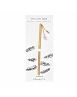 Messing Lesezeichen mit einem Blue Lace Agate und einer Messingfeder eingefasst in einer Karte mit Federmotiven