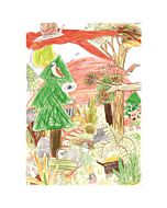 Foto eines von einem Kind gezeichneten Waldes  mit verschiedenen tierischen Waldbewohnern