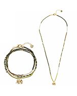 Halskette mit Elefantenanhänger, Labradoritperle, Glasperlen in verschiedenen Gold-/Grüntönen.