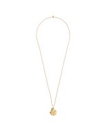 Halskette mit kleinem, grünem, rundem Aventurin und einem größeren vierblättrigen Klettverschluss-Anhänger. Die lange Halskette besteht aus aufgefädelten, facettierten Messingperlen.