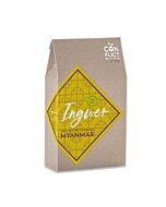 braune Papiertüte mit gelbem Etkett und der Aufschrift: Ingwer Myanmar