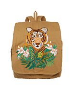 brauner Rucksack mit einem gestickten Tigerkopf. der sich hinter exotischen Blumen befindet