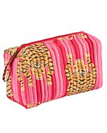 Kulturtasche in pink mit auffälligem Tigermusterbedruckt.