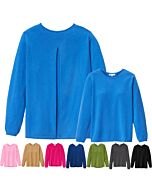 Kaschmirpullover in royalblau. Rückansicht mit Rückenfalte und kleinere Vorderansicht. Darunter die anderen Farben als kleine Pullover.