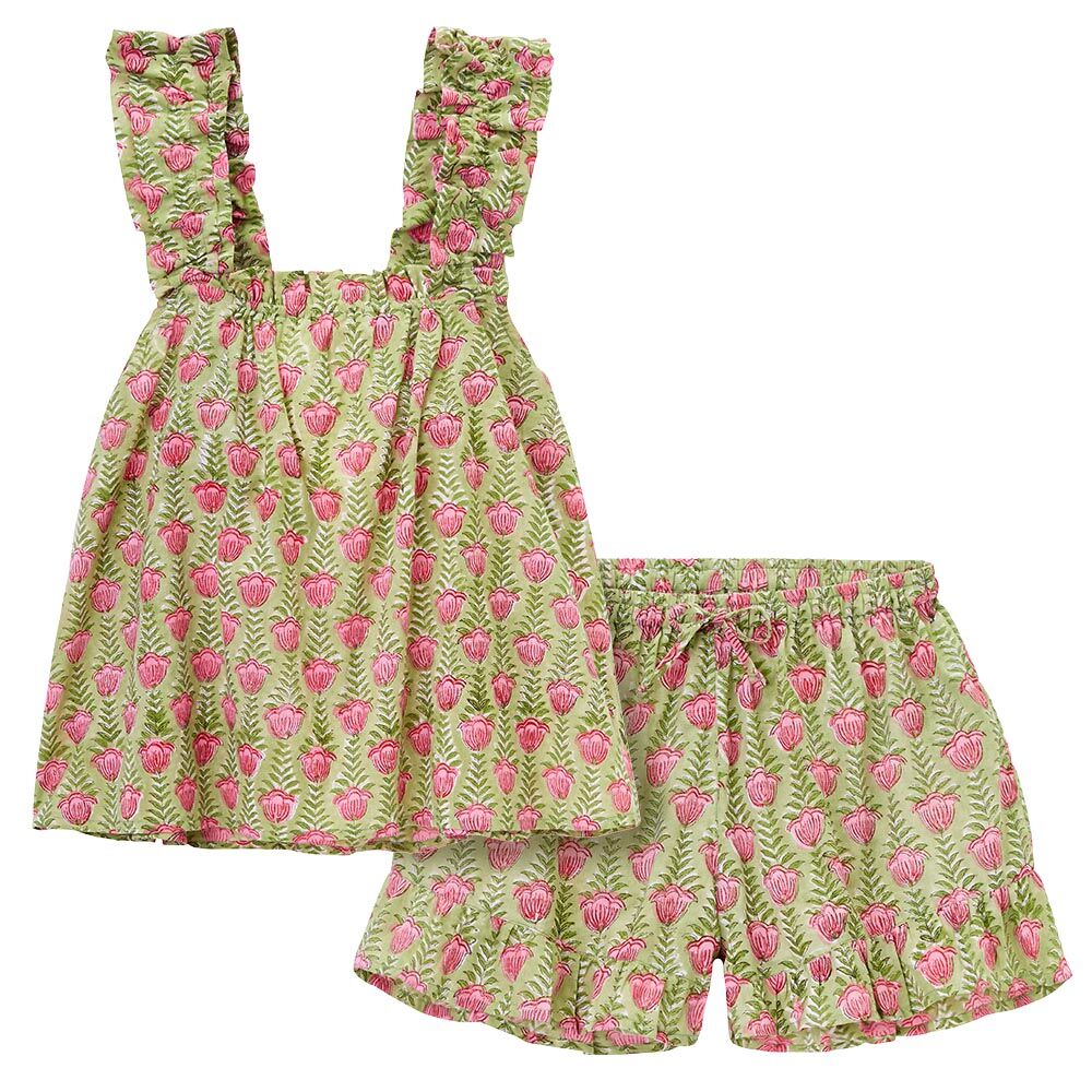 Sommer-Pyjama, reine Baumwolle, Blumenmuster-1