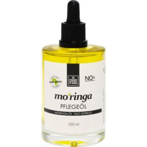 Flasche Moringa Öl mit Etekett und einem schwarzen Pipettenverschluss