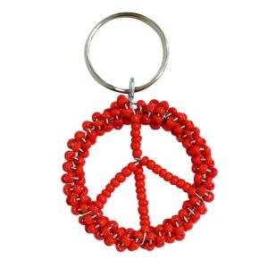 Schlüsselanhänger mit Metallring, das Motiv ist ein Peace - Zeichen, aus roten Glas Perlen Aufgezogen auf Metalldraht