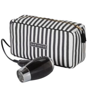 Kulturtasche mit Reißverschluss und Föhn, der davor liegt - nicht im Lieferumfang enthalten.