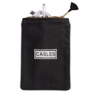 Kabeltasche mit Reißverschluss und Aufdruck. Zur Veranschaulichung schaut ein Kabel hervor.