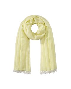 Gelber Schal, mit Ton-in Ton Webmuster in Schachbrettoptik. Der Schal hat kurze Fransen in ecru.