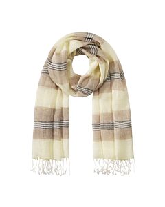 Gelber Leinenschal, drapiert gelegt mit Streifenmuster in beige, ecru und anthrazit.