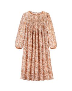 Kleid mit langen Ärmeln, Puffärmeln und gesteppten Biesen vorne. Die Saumeinfassungen sind in uni rot.