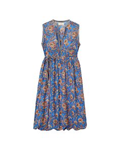 ärmelloses blaues Wickelkleid mit braunem Blumenprint und Bindegürrtel