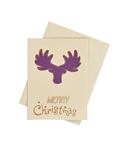 Weihnachtskarte in beige mit gezeichnetem lila Elchkopf und Merry Christmas darunter