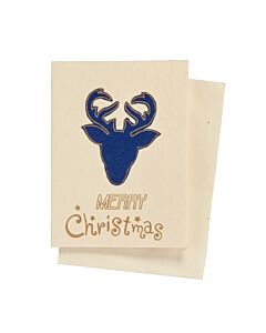 Weihnachtskarte in beige mit gezeichnetem blauem Hirschkopf und Merry Christmas darunter