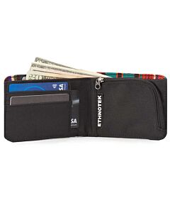 Open wallet, the inner part is black, inside a colourful striped fabric. It contains banknotes and credit cards
