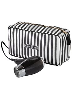 Kulturtasche mit Reißverschluss und Föhn, der davor liegt - nicht im Lieferumfang enthalten.