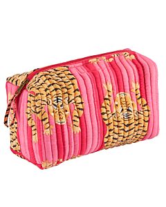 Kulturtasche in pink mit auffälligem Tigermusterbedruckt.