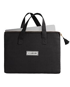 Schwarze Laptoptasche mit herausschauendem silbernen Notebook, nicht im Lieferumfang enthalten)