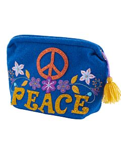 Blaue Tasche, mit bunter Stickerei aus Blumen und Peace-Zeichen. Oben mit Reißverschluss, am Reißverschluss hängt ein gelber Troddel.