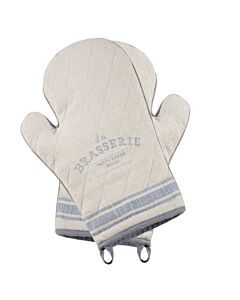 Zwei übereinanderliegende Topfhandschuh mit Aufdruck. Die Kanten sind mit einer braublauen Paspel.