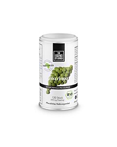 weiße Dose mit Aufschrift und Deckel, mittig ein Foto von Moringa Presslingen
