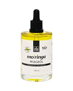 Flasche Moringa Öl mit Etekett und einem schwarzen Pipettenverschluss